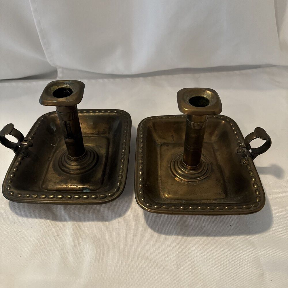 Vintage Antique Brass Push Up Chamber Candle Stick Holder Rectangle Lot Of 2